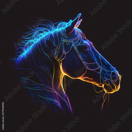 horse head silhouette neon glowing light portrait isolated on a black background. horse colorful neon light isolated portrait. Generative Ai 
