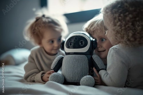 A robot works as a nanny taking care of small children in a house. Ai generated.