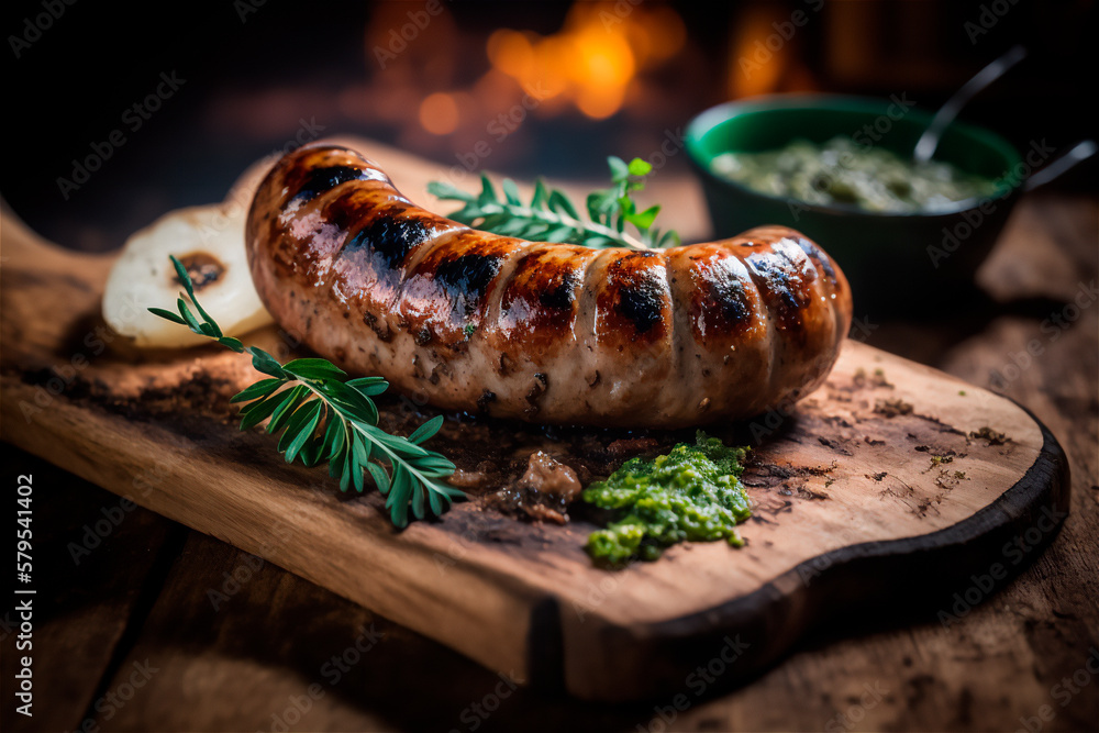 homemade sausage grilled with herbs on rustic wooden table. AI generated