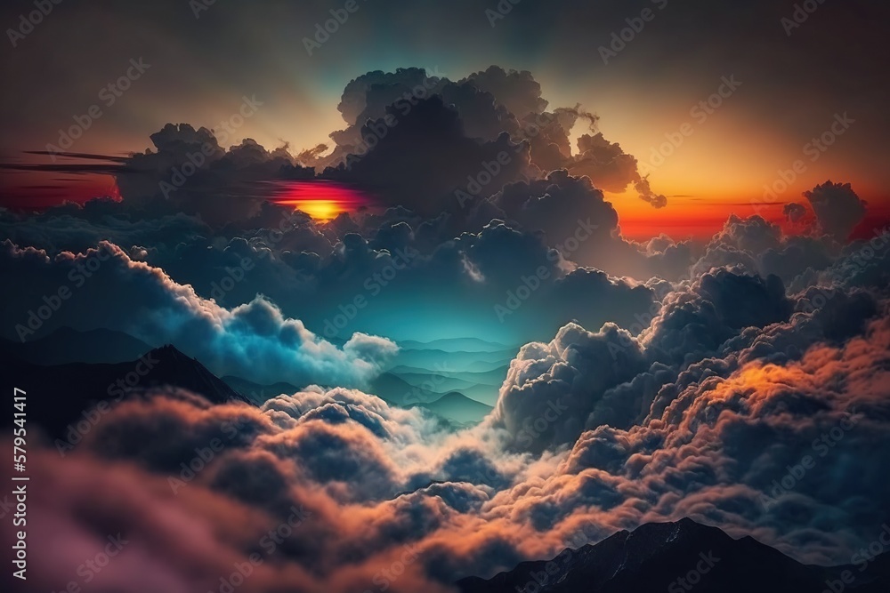 Fototapeta premium Beautiful and dramatic sky with voluminous clouds. Ai generated.