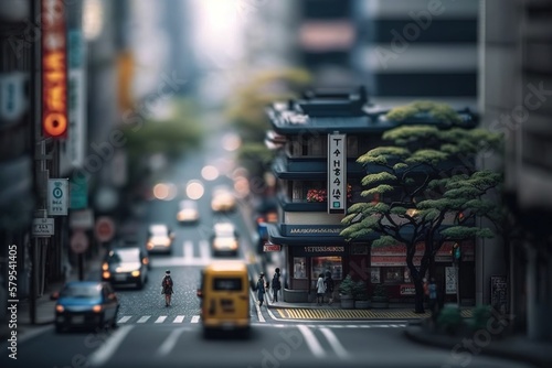 A tilt shift of the streets of a Japanese city. Ai generated.