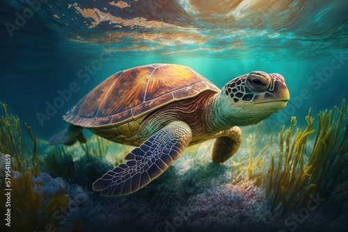 Turtle swims underwater in the sea (Generative AI)