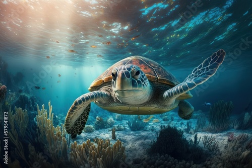 Turtle swims underwater in the sea  Generative AI 