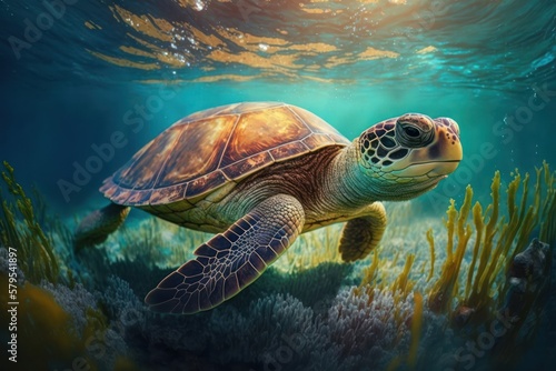 Turtle swims underwater in the sea (Generative AI) © senadesign