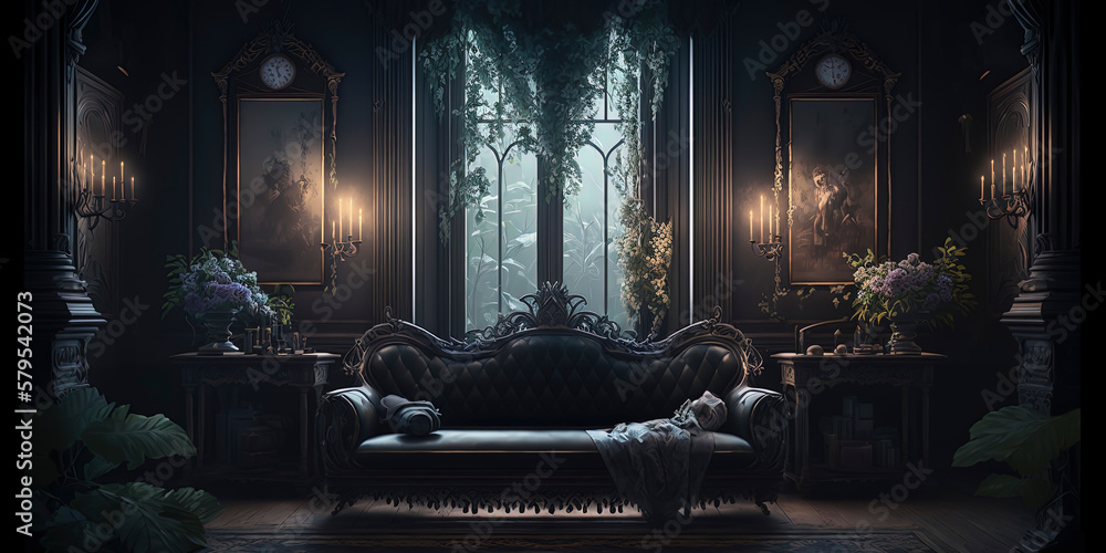 large black Victorian room with black Victorian sofa with dark flowers ...
