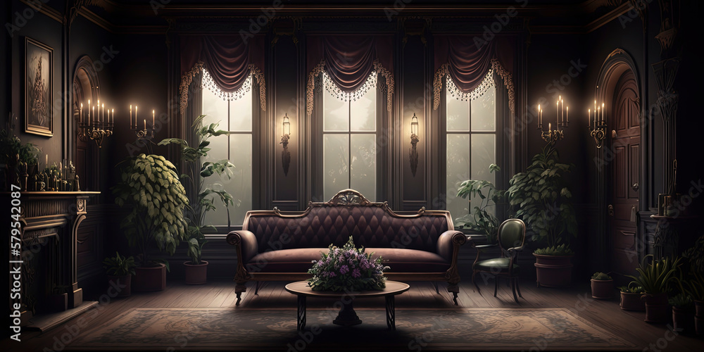 large black Victorian room with black Victorian sofa with dark flowers ...