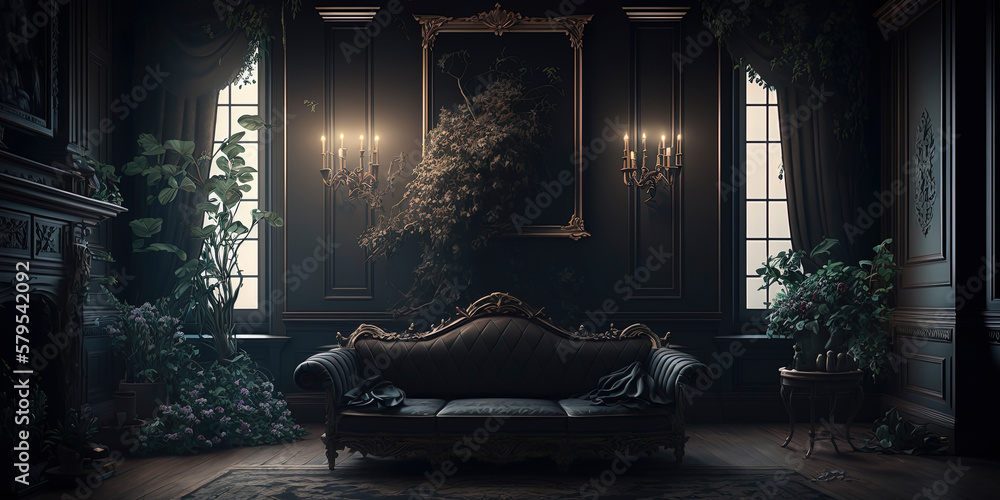 large black Victorian room with black Victorian sofa with dark flowers ...