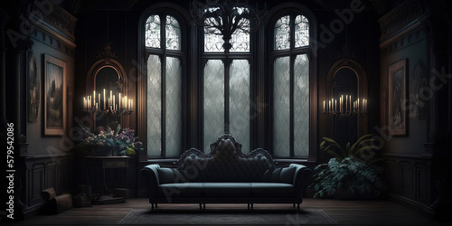 large black Victorian room with black Victorian sofa with dark flowers surrounding the room large window with dim light coming through