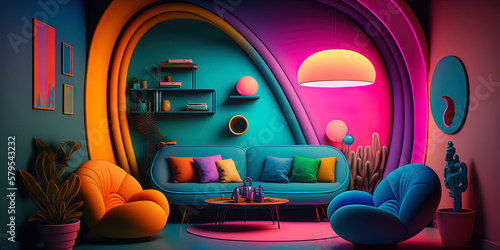 render of minimalist interior of living room, vivid color
