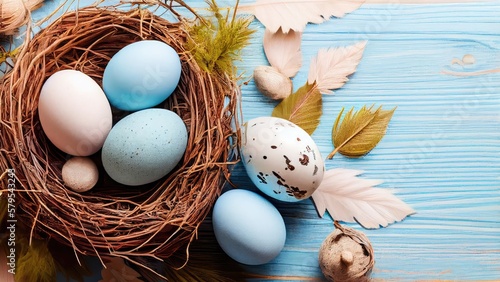 Easter eggs and feathers in a nest on a blue wooden background. Generative AI.