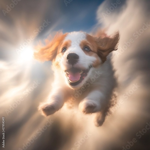 happy puppy, soaring in a jump, the best moment, generated in AI