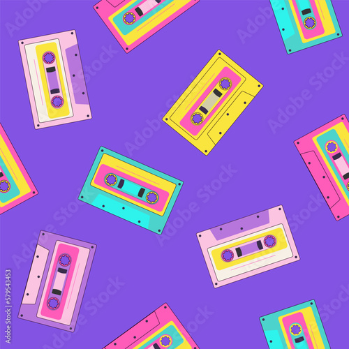 Retro 90s music audio cassette seamless pattern. Nostalgia for 1990s. Vintage tape in memphis style.