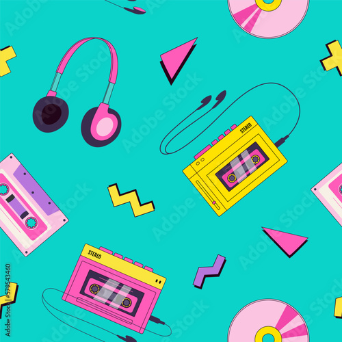 Retro 90s music audio cassette, player, headphones, geometric shapes seamless pattern. Nostalgia for 1990s. Vintage devices in memphis style. 