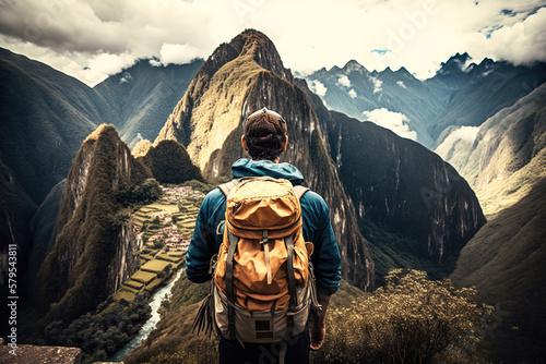 A backpacker with backpack is standing on the peak of mountain with Machu Picchu, the world famous landmark of Peru as the background. Travel and journey scene. Generative Ai image. 