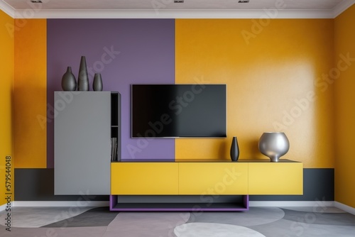 Two tone color wall backgroundmodern living room decor, concept of Color contrast and Modern interior design, created with Generative AI technology photo
