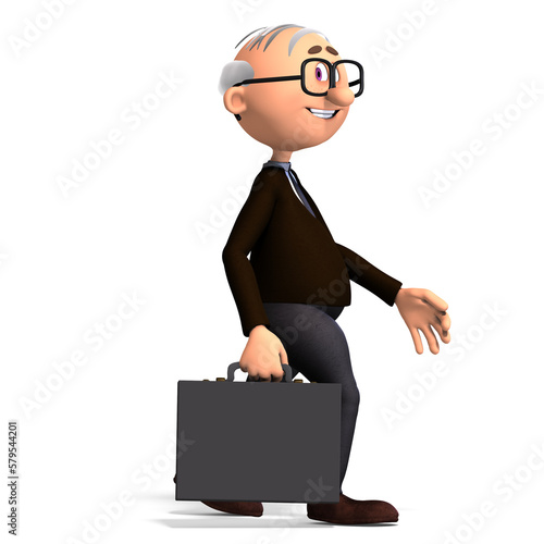 3D-illustration of a cute and funny cartoon old guy with a suite case on the way to his work
