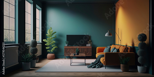 Vivid colors create a minimalist and modern living room interior in render