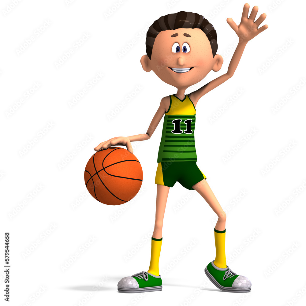 3D-illustration of a cute and funny cartoon basketball player dribbling a ball and waving with his hand 3D-illustration of a cute and funny cartoon basketball player dribbling a ball and waving with his hand