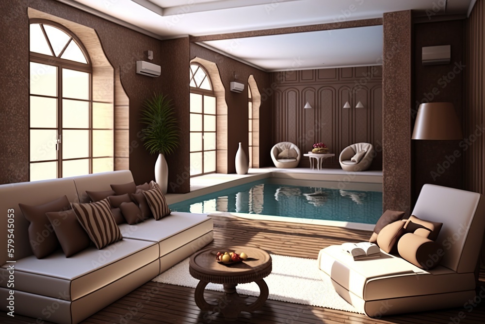 design of a home lounge with a swimming pool, concept of Interior ...