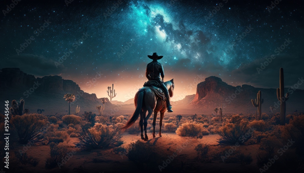 Cowboy sits on a horse under a stunningly beautiful night sky.