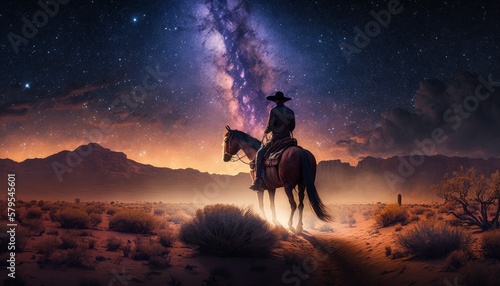 Cowboy sits on a horse under a stunningly beautiful night sky. © ColdFire