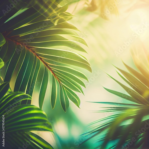 Palm leaves background. Sea view through green palm leaves and bright sunlight. ai generative