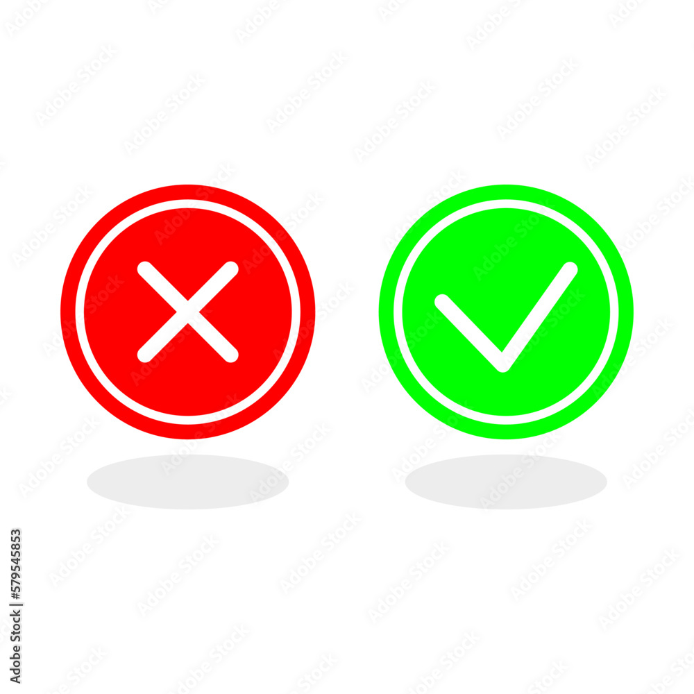 Cross, check mark in green and red circle. Good bad symbols. Vector illustration. Cross, check mark in green and red circle. Good bad symbols. Vector illustration.