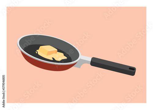 Butter melted on frying pan. Simple flat illustration
