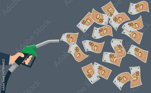 illustration vectorielle  montrant une pompe à essence crachant des billets de banque. Concept de l'augmentation du prix du carburant