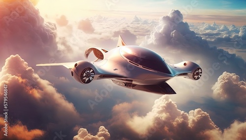 AI model of an autonomous aircraft or airtaxi in the air above the clouds in 8K created with generative ai technology photo