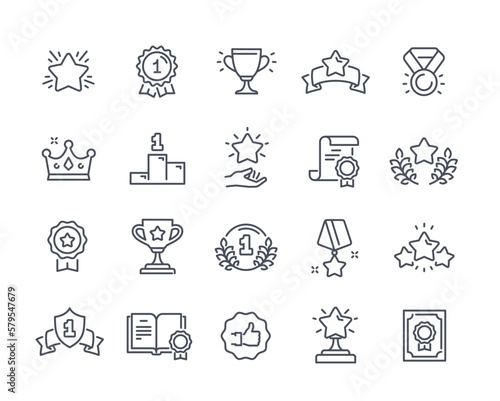 Set of simple award icons. Medal, laurels, orders, gold cup and star of winner in championship or competition. Design elements for app. Cartoon linear vector collection isolated on white background