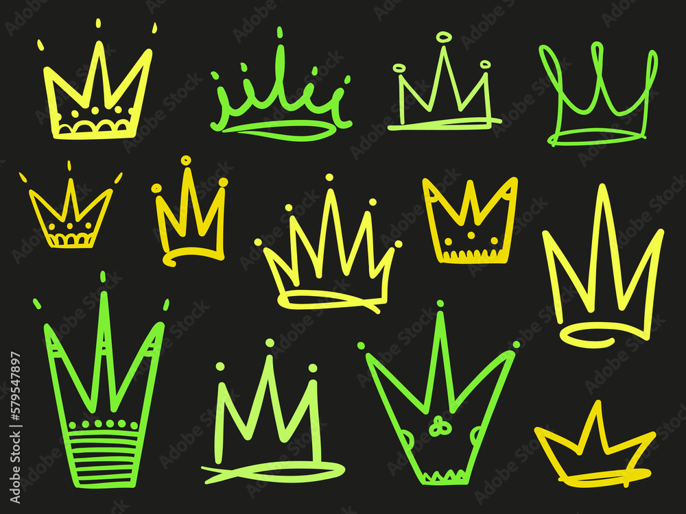 Set of abstract crowns on isolated black. Signs for design. Hand drawn simple objects. Line art. Colorful illustration. Sketchy elements for posters and flyers Set of abstract crowns on isolated black. Signs for design. Hand drawn simple objects. Line art. Colorful illustration. Sketchy elements for posters and flyers