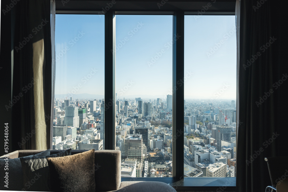 View of Stunning City Landscape from Large Windows during a Clear Day
