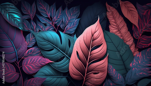 Colorful tropical leaves pattern background generative ai