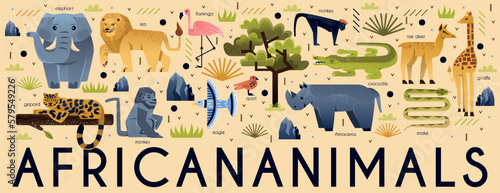 African animals set. Predators, birds, mammals and plants of savannah. Lion and cheetah, elephant and rhinoceros, gorilla and monkey, falcon and giraffe. Cartoon flat vector illustration collection