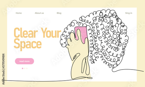Home cleaning service landing page design concept, illustration of janitors with cleaning tools. Vector illustration