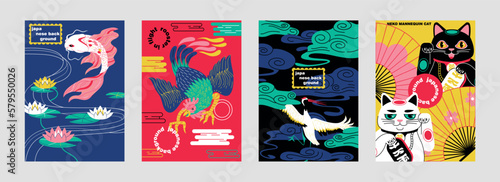 Japanese style poster set. Elegant wall art with fish, water lilies, crane, rooster and neko cat mannequin. Decorative design elements for covers. Cartoon flat vector collection isolated on gray
