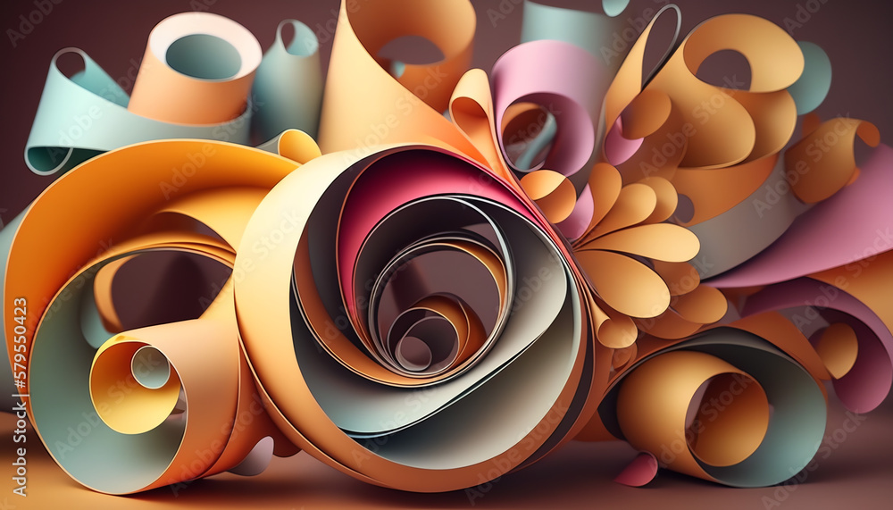 3d render, paper ribbon rolls, abstract shapes, fashion background, swirl, pastel neon scrolls, curl, spiral, cylinder