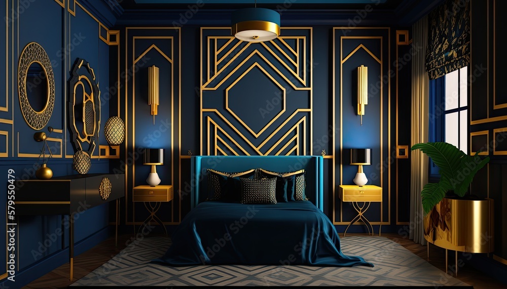 An Art Deco interior design bedroom with geometric patterns and bold  colors. The walls are painted