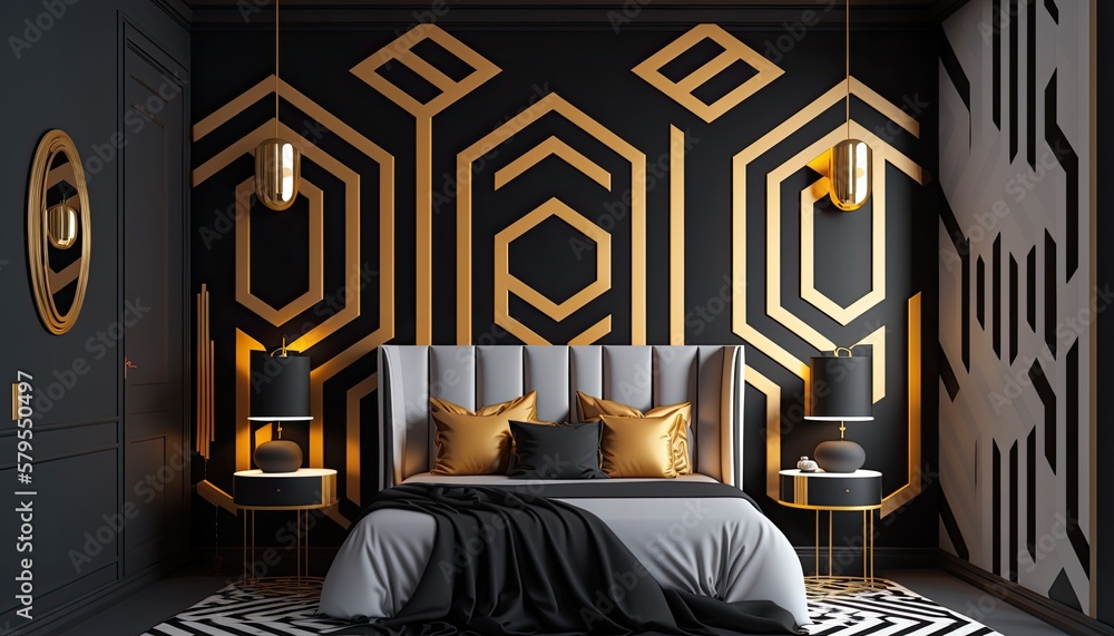 An Art Moderne interior design bedroom with bold geometric patterns on ...