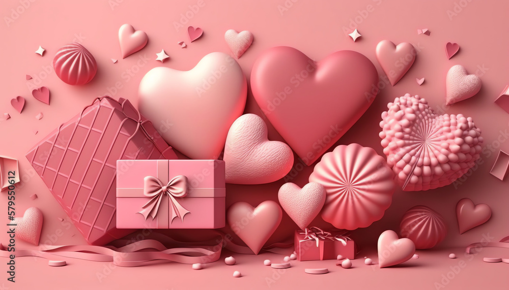 Valentines Day banner template with gifts and hearts on a pink background in flat lay. Romantic Valentine concept for flyer design in 3D rendering