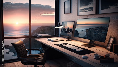 A modern and stylish home office setup with a sleek desk and comfortable chair on a rooftop with a stunning view of the ocean. HD, realistic, cool lighting. generative ai