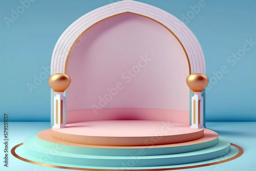 Empty podium stage mock-up for product display with islamic architecture style on soft pastel color. Generative AI illustration