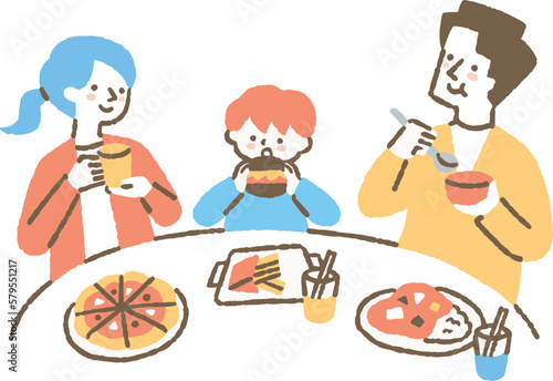 フードコートで食事をする3人家族_色 photo