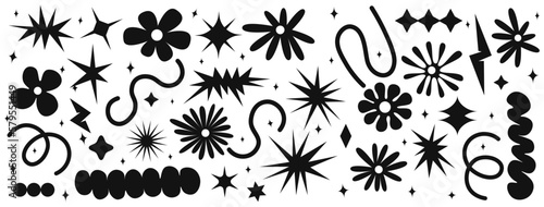 Set brutalist abstract shapes, sticker pack. Contemporary figure spiral, flowers, star, lines. Vector illustration with trendy elements in black and white.. Monochromatic design  © Sugey Ilustra