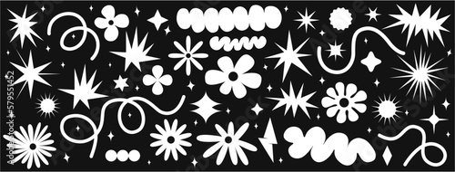 Set brutalist abstract shapes, sticker pack. Contemporary figure spiral, flowers, star, lines. Vector illustration with trendy elements in black and white.. Monochromatic design	