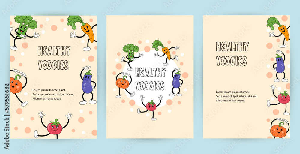 Templates with vegetables are doing exercise or dancing for party invitation, healthy lifestyle poster, fitness event. Retro cartoon characters design. Vector illustration.