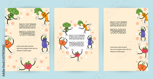 Templates with vegetables are doing exercise or dancing for party invitation  healthy lifestyle poster  fitness event. Retro cartoon characters design. Vector illustration.