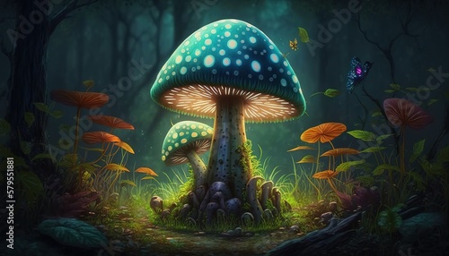 glowing mushroom in a magical forest, Generative AI