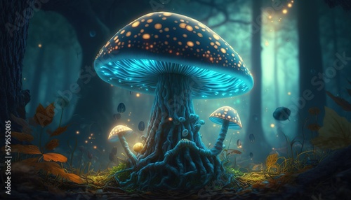 glowing mushroom in a magical forest, Generative AI © Roman King